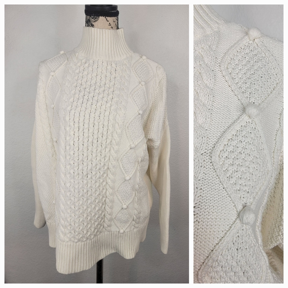J Crew Sweater Sz L Swingy Cable Knit Mockneck Chunky Ivory Mini Pompoms ECRU